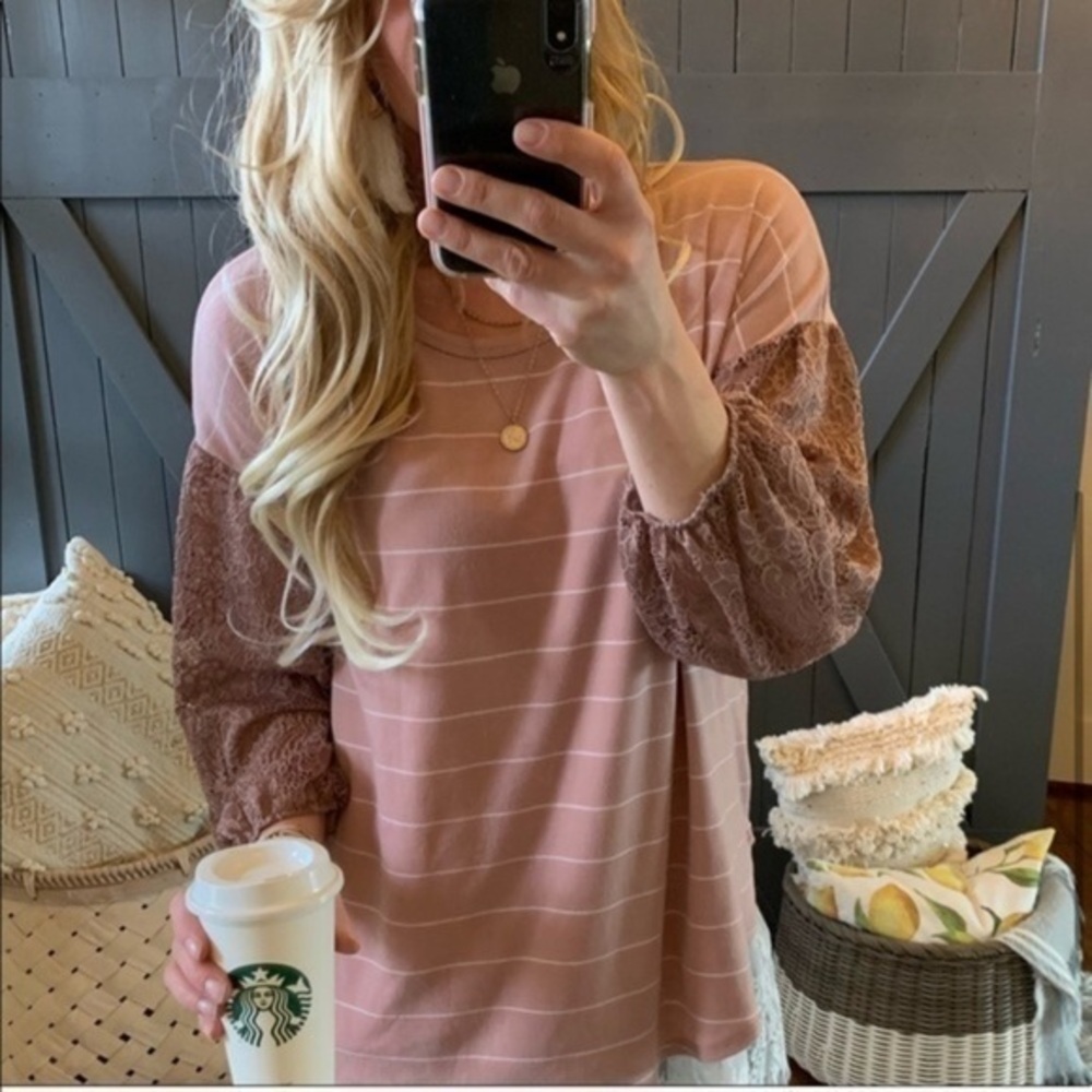 Lace Long Sleeve Stripe Boho Blush Blouse Top (Made in USA) NEW